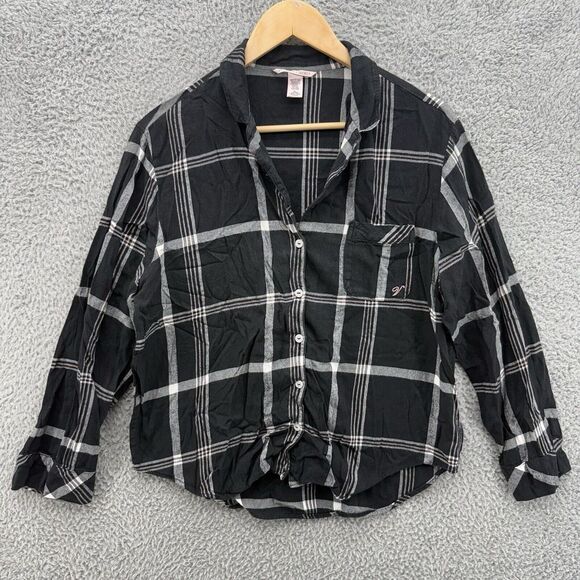 Victoria Secret‎ Shirt Women Medium Black/White Long Sleeve Flannel Button Up - Picture 1 of 8